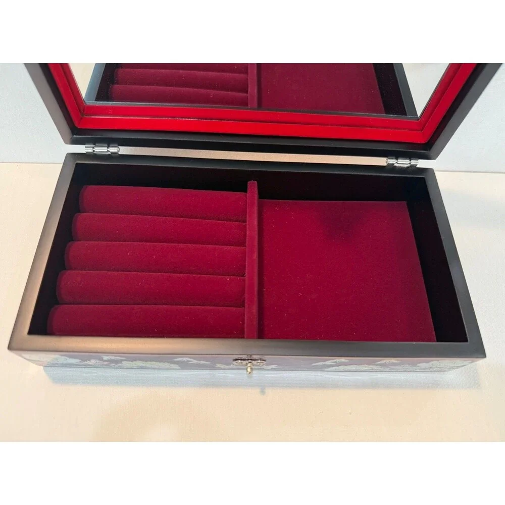 Handmade Korean Mother of Pearl Peony Jewelry Box Wooden Mirror Case Purple